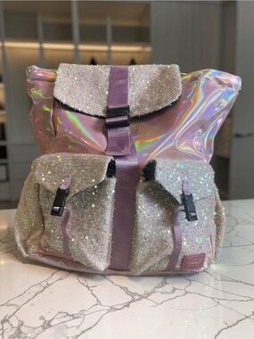 Justice Girls Holographic Iridescent Sequin Backpack Pink Purple Buckle